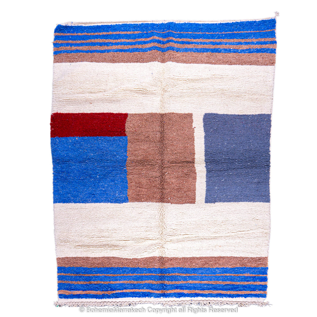 Handmade Moroccan wool rug with modern bold color block design