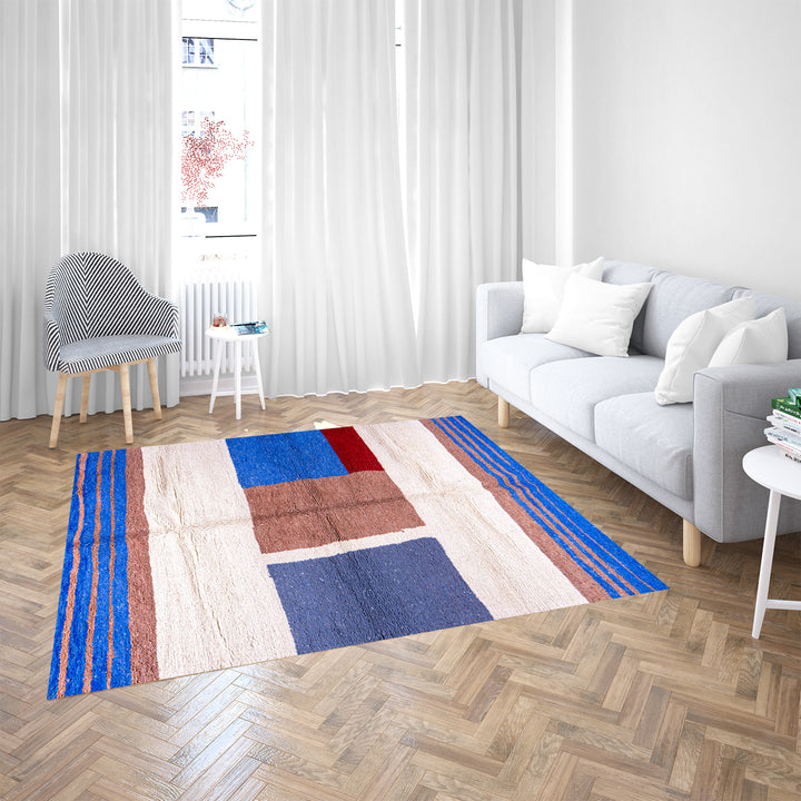 Handmade Moroccan wool rug with modern bold color block design