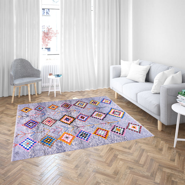 Colorful diamond Moroccan wool rug with grey shag background