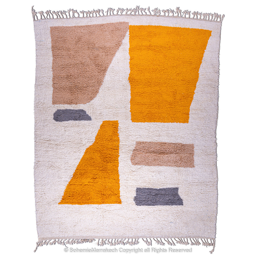 Handmade Moroccan wool rug with abstract orange and beige block design on cream background