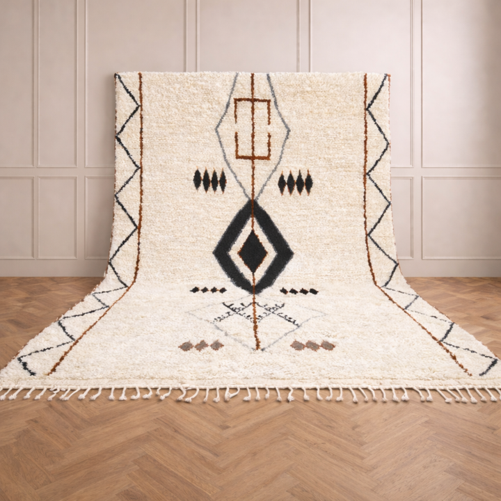 White Beni Ourain Moroccan wool rug with black Berber diamond pattern, handmade plush shag carpet with tassels