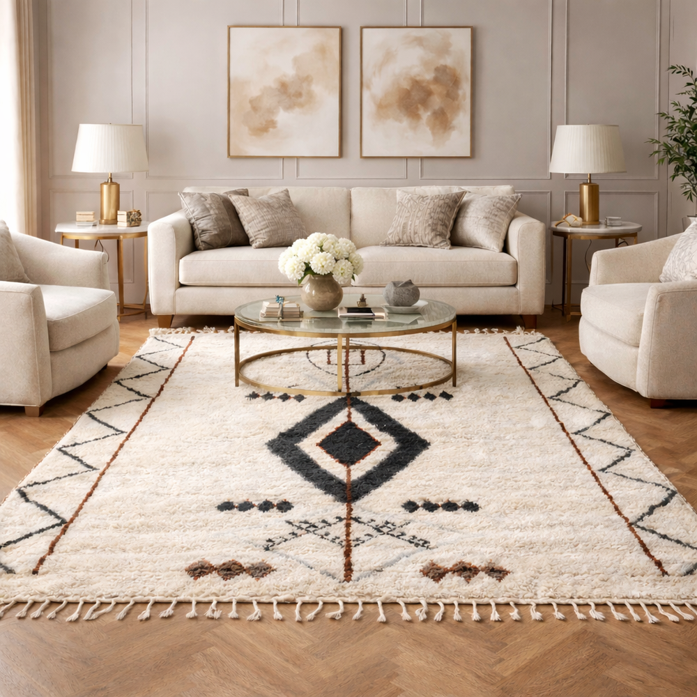 White Beni Ourain Moroccan wool rug with black Berber diamond pattern, handmade plush shag carpet with tassels