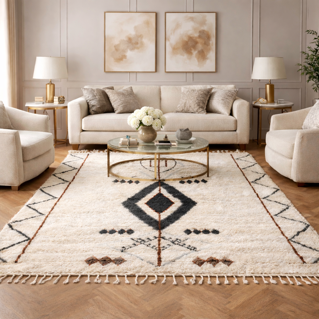 White Beni Ourain Moroccan wool rug with black Berber diamond pattern, handmade plush shag carpet with tassels