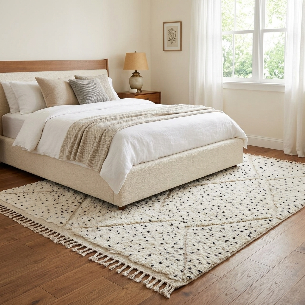 Handmade Moroccan wool rug with ivory base, diamond Berber pattern and subtle speckled accents. Soft plush texture, artisan crafted.