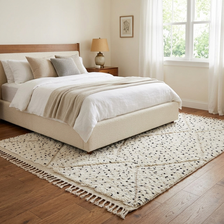 Handmade Moroccan wool rug with ivory base, diamond Berber pattern and subtle speckled accents. Soft plush texture, artisan crafted.