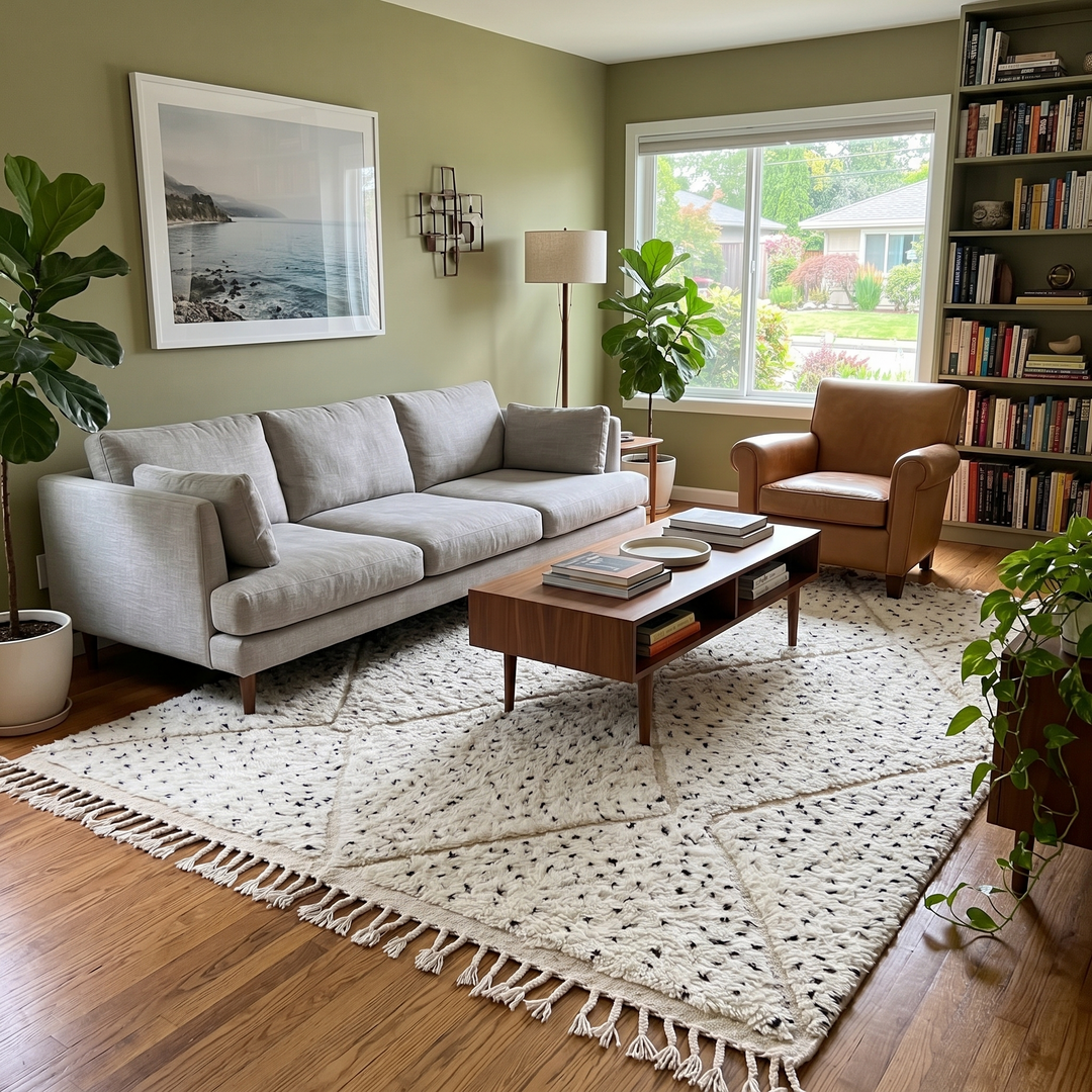 Handmade Moroccan wool rug with ivory base, diamond Berber pattern and subtle speckled accents. Soft plush texture, artisan crafted.