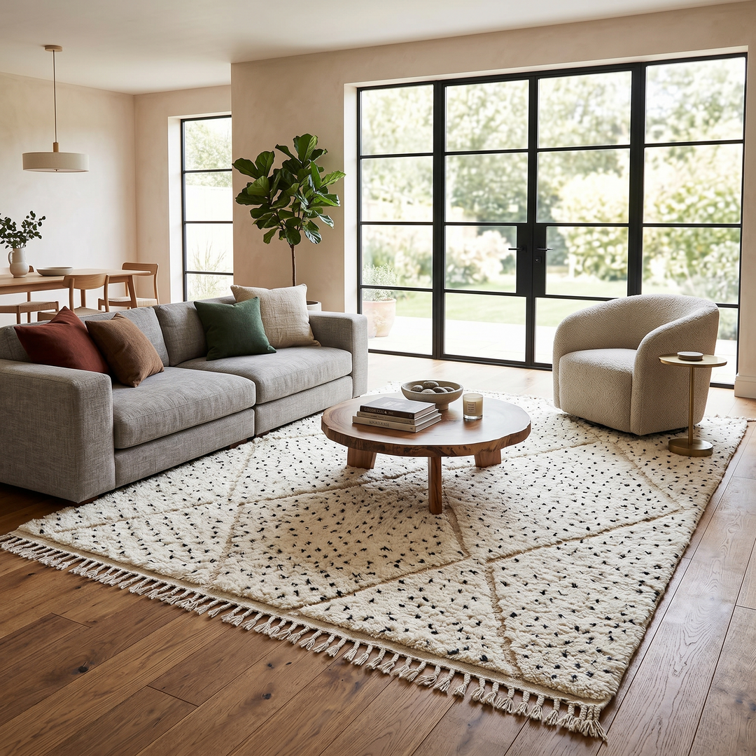 Handmade Moroccan wool rug with ivory base, diamond Berber pattern and subtle speckled accents. Soft plush texture, artisan crafted.