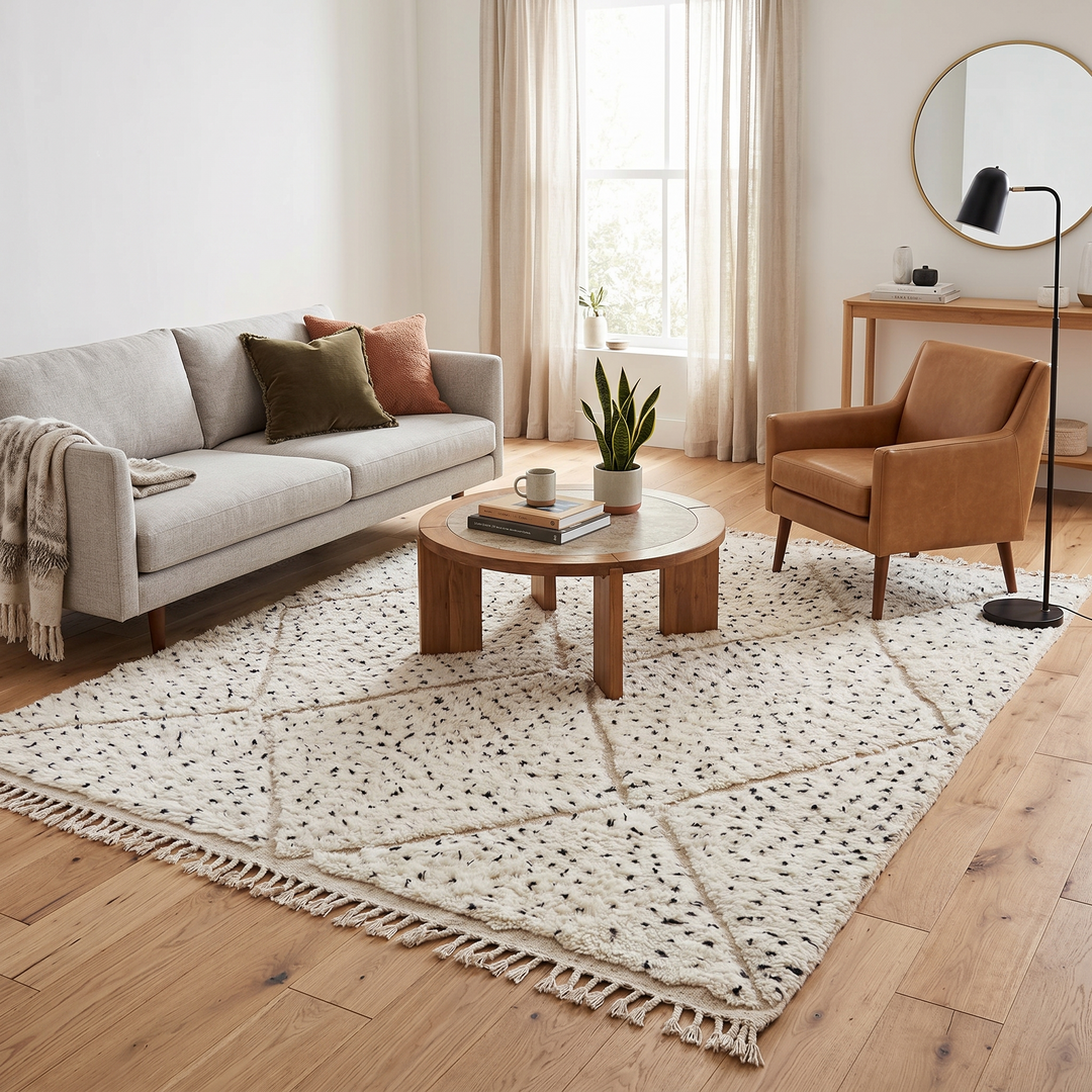 Handmade Moroccan wool rug with ivory base, diamond Berber pattern and subtle speckled accents. Soft plush texture, artisan crafted.