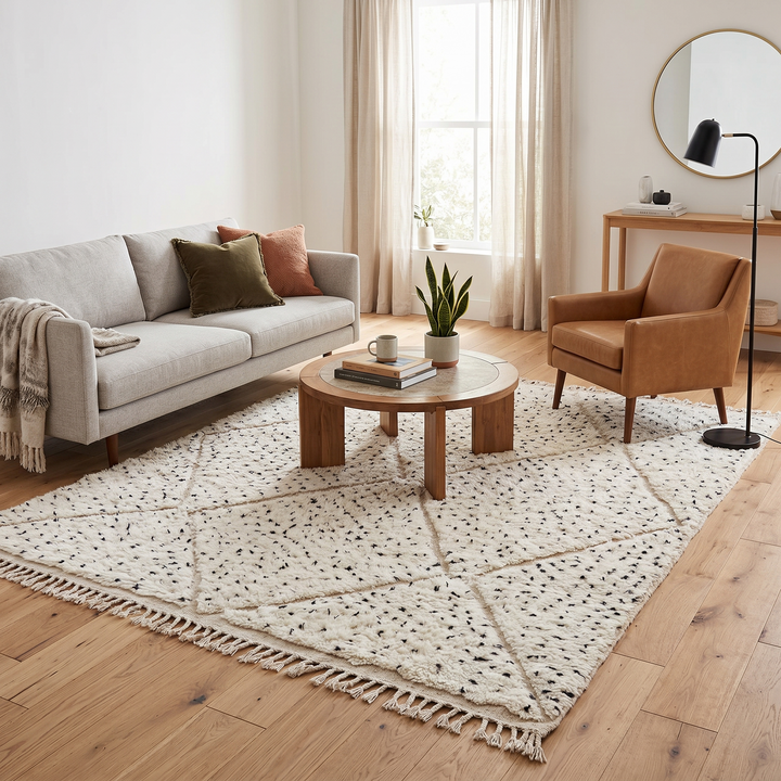 Handmade Moroccan wool rug with ivory base, diamond Berber pattern and subtle speckled accents. Soft plush texture, artisan crafted.