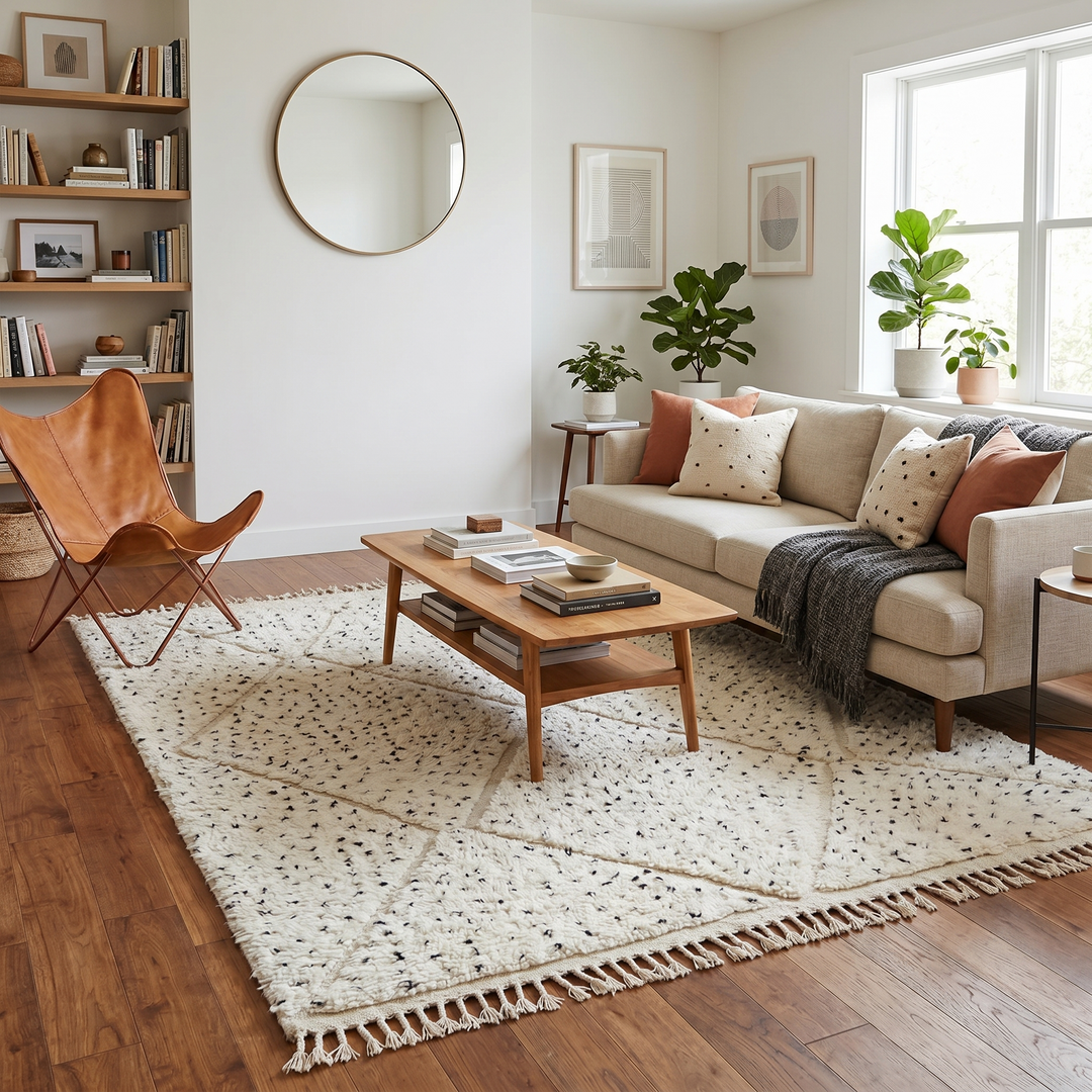 Handmade Moroccan wool rug with ivory base, diamond Berber pattern and subtle speckled accents. Soft plush texture, artisan crafted.