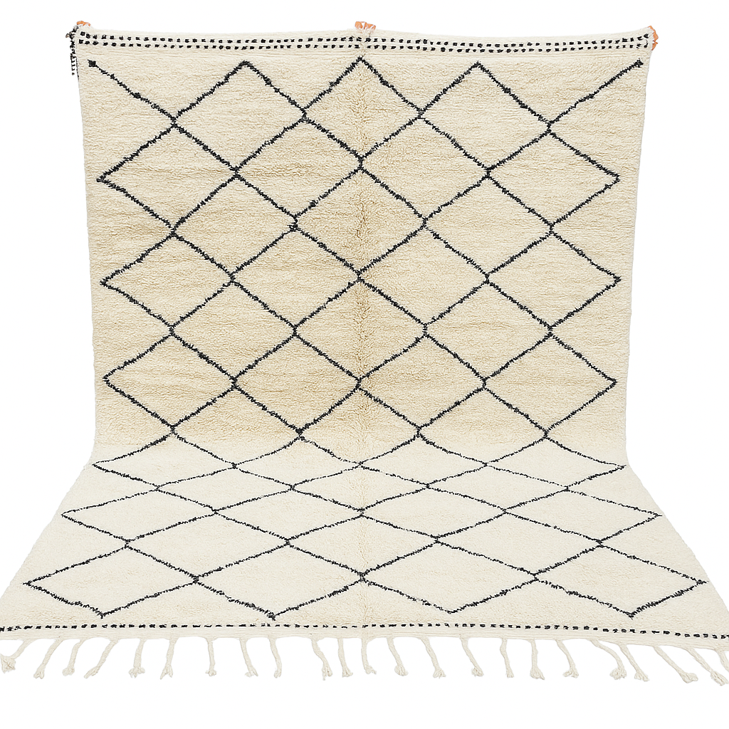 Handmade Moroccan Beni Ourain wool rug with black diamond pattern on ivory background