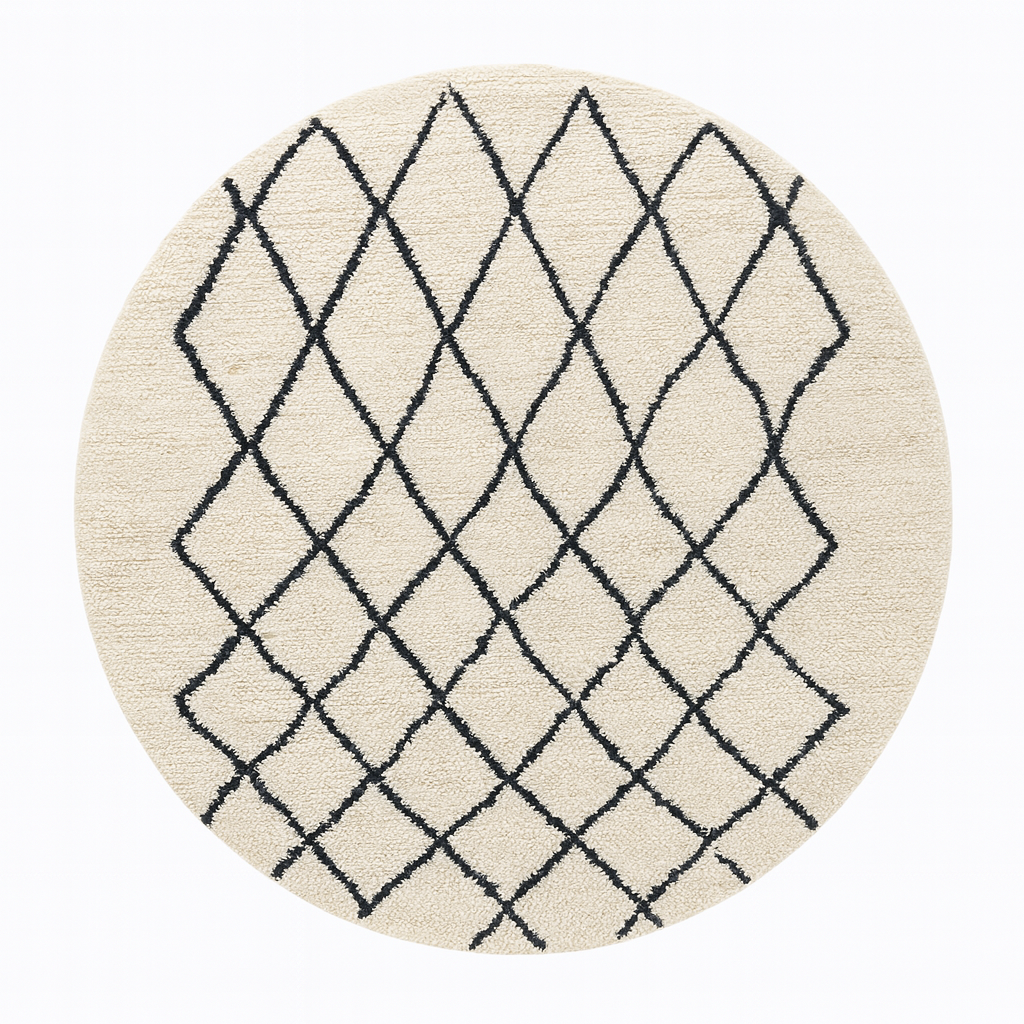 Handmade Beni Ourain Moroccan wool rug with black diamond lines on a natural white wool background.