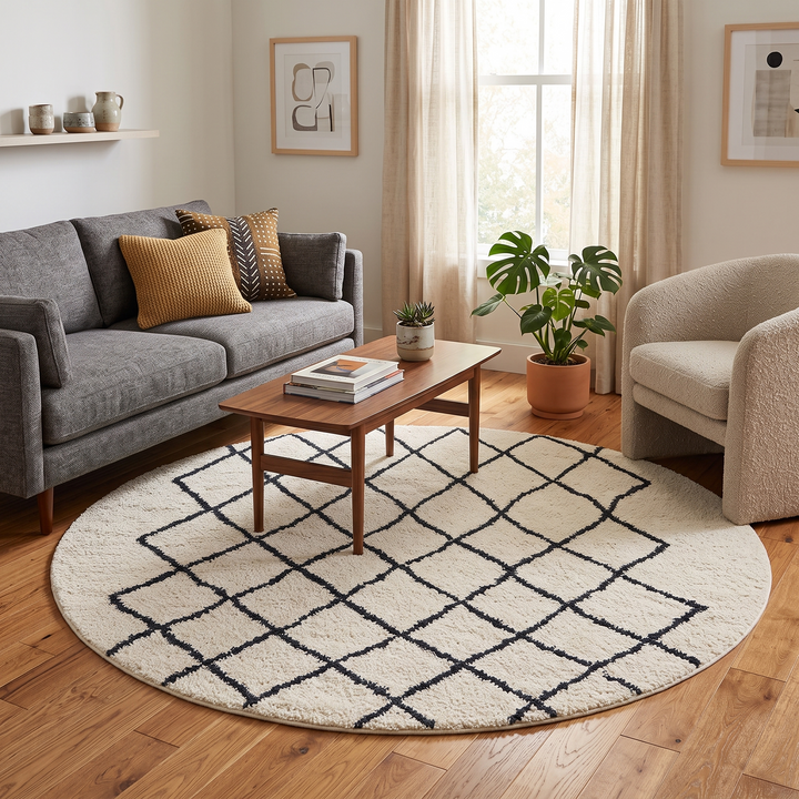 Handmade Beni Ourain Moroccan wool rug with black diamond lines on a natural white wool background.