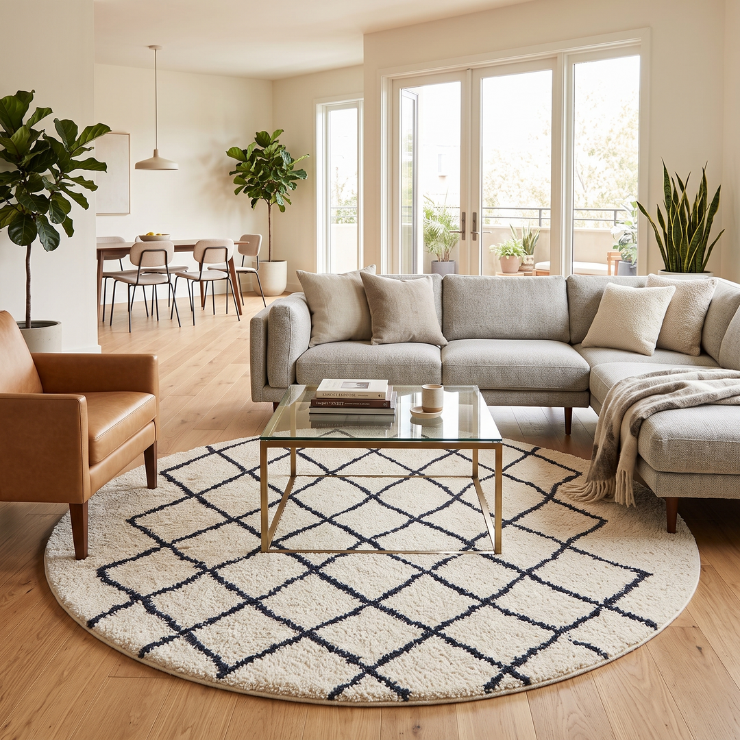 Handmade Beni Ourain Moroccan wool rug with black diamond lines on a natural white wool background.