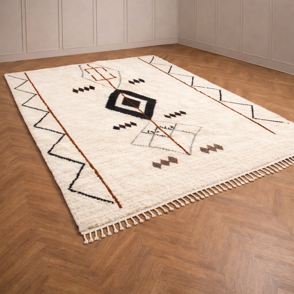 White Beni Ourain Moroccan wool rug with black Berber diamond pattern, handmade plush shag carpet with tassels