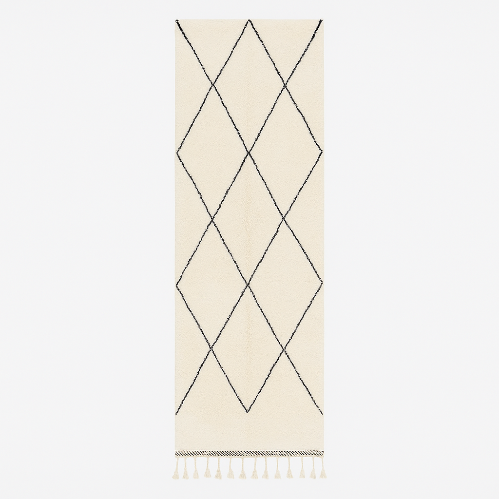 Black and white Beni Ourain Moroccan wool runner rug with diamond pattern and fringed edges