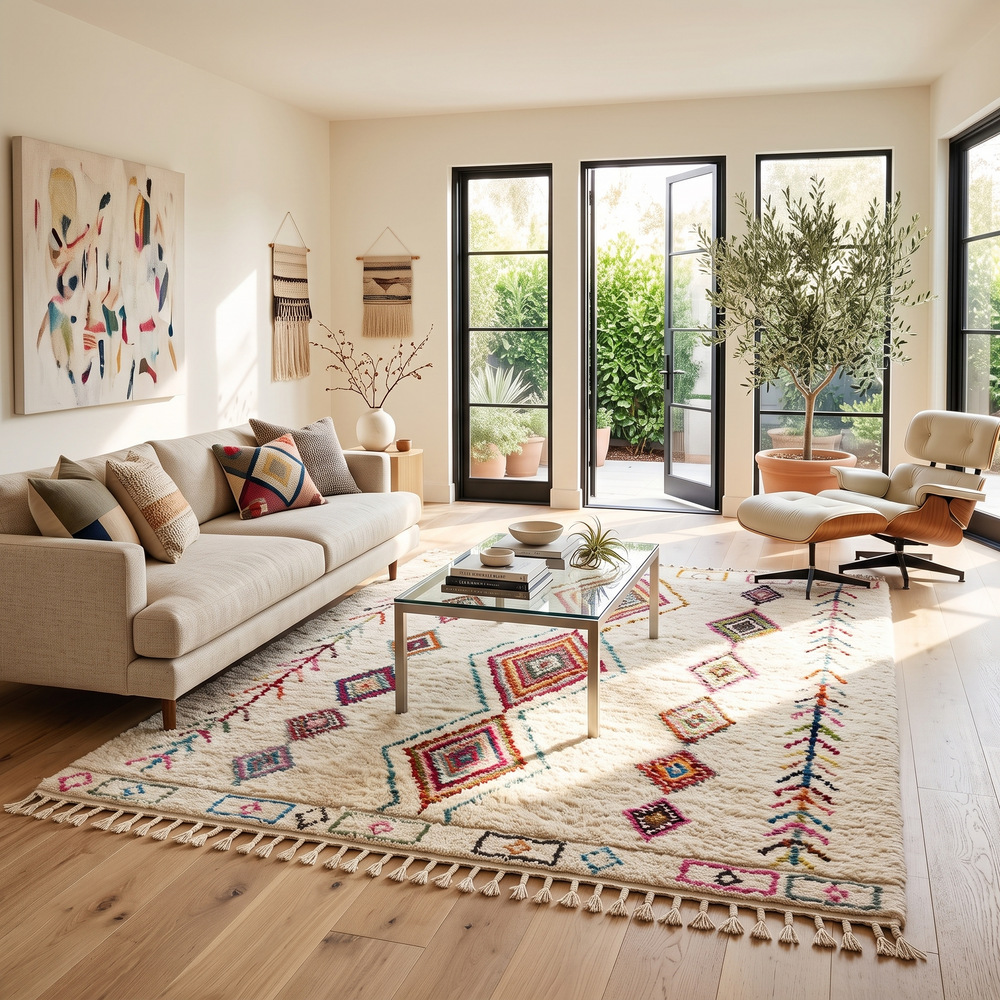 Beni Ourain Moroccan wool rug with cream background and colorful diamond motifs, handmade by Berber artisans