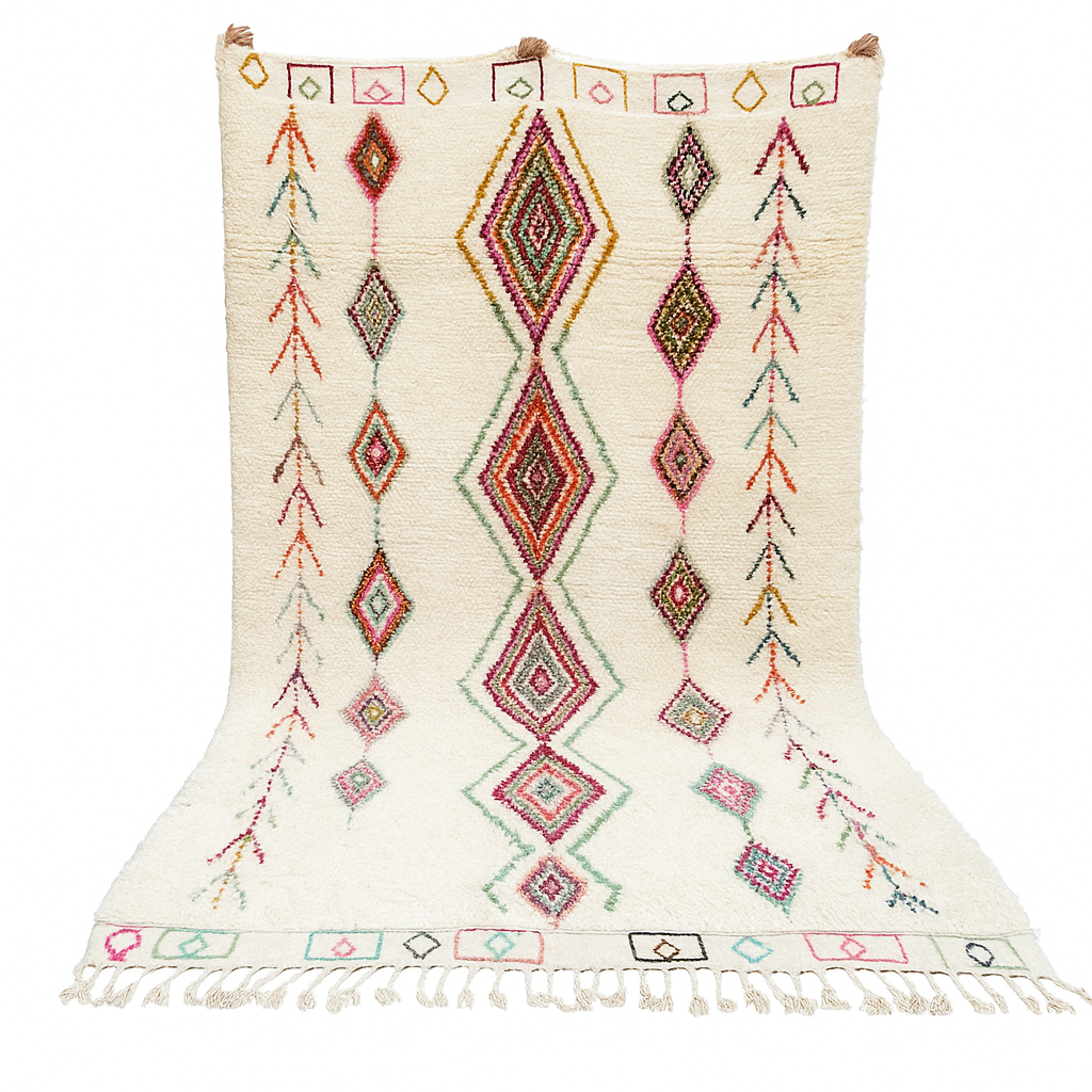 Beni Ourain Moroccan wool rug with cream background and colorful diamond motifs, handmade by Berber artisans