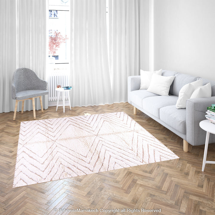 Handmade Beni Ourain Moroccan wool rug with geometric pattern in modern living room setting.