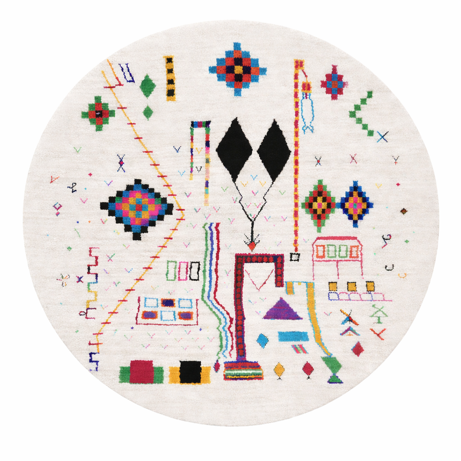 Handmade round Moroccan wool rug with colorful Berber symbols and tribal motifs on a natural white background.