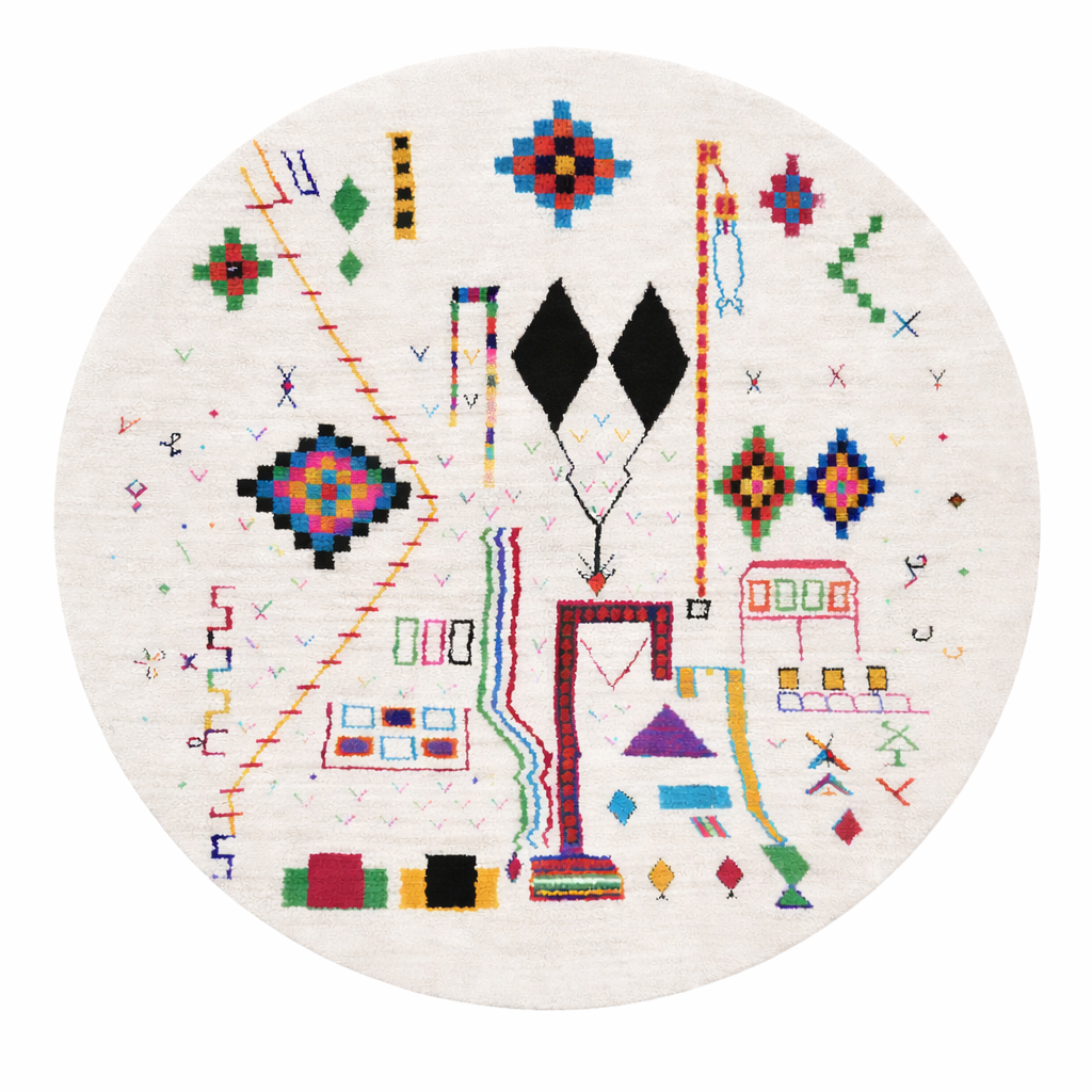 Handmade round Moroccan wool rug with colorful Berber symbols and tribal motifs on a natural white background.