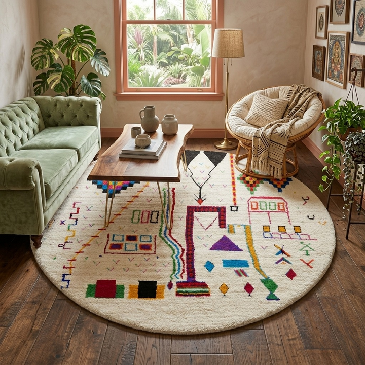 Handmade round Moroccan wool rug with colorful Berber symbols and tribal motifs on a natural white background.