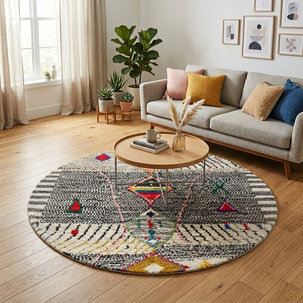 Handmade round Moroccan wool rug with traditional Berber symbols and tribal patterns on white background