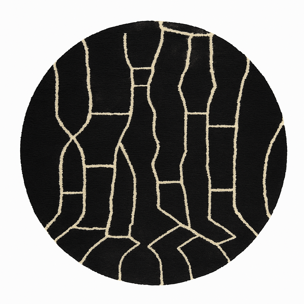 Round black Moroccan wool rug with beige abstract line design.