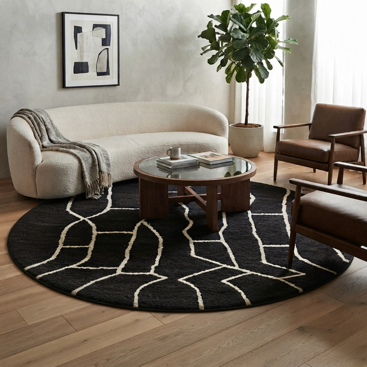 Round black Moroccan wool rug with beige abstract line design.
