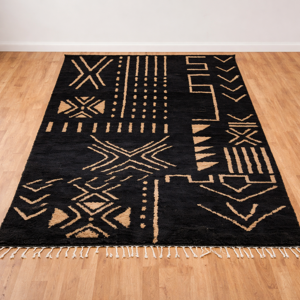Black Moroccan Berber wool rug with ivory tribal geometric patterns, handmade shag rug with tassels