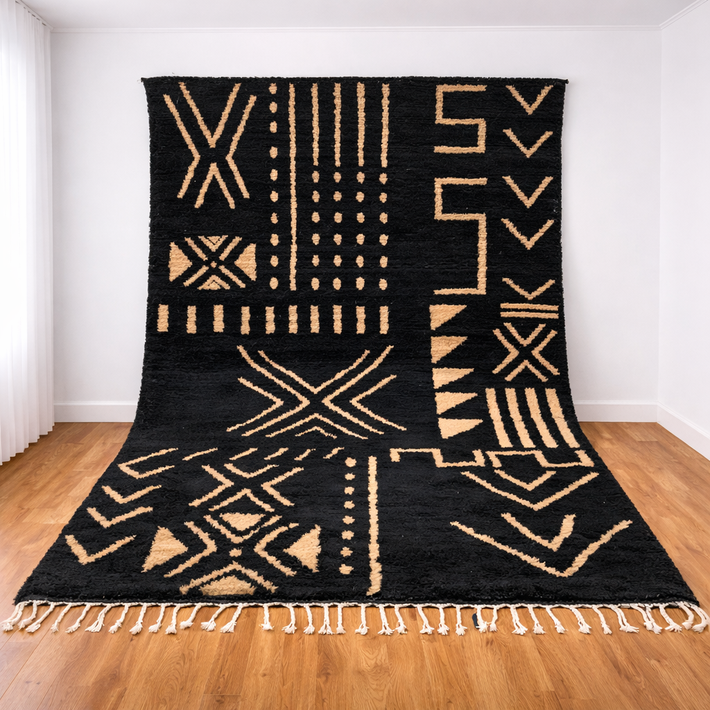 Black Moroccan Berber wool rug with beige tribal geometric patterns, handmade shag rug with tassels