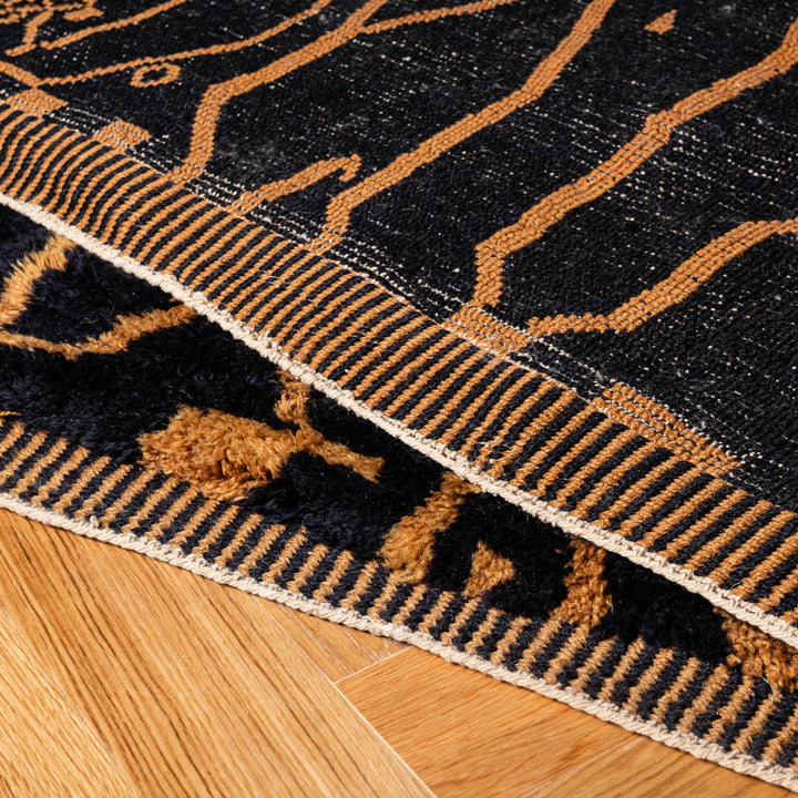 Black & Amber Moroccan Wool Rug – Geometric Tribal Pattern