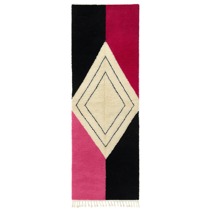 Handmade black, pink, and white Moroccan wool runner rug with large geometric diamond design