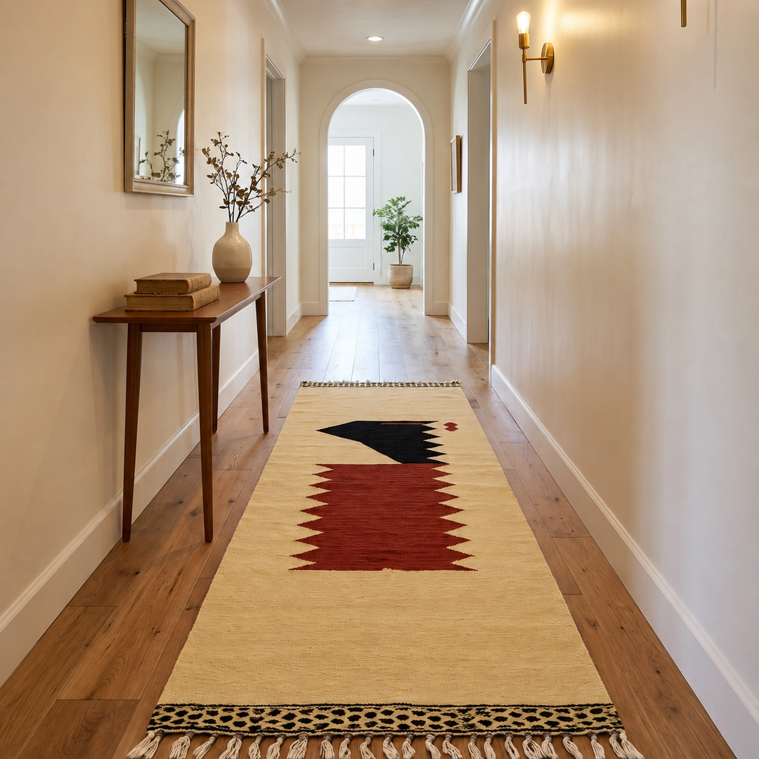 Black and red Moroccan runner rug with geometric Berber design, handmade wool hallway carpet with tribal motifs