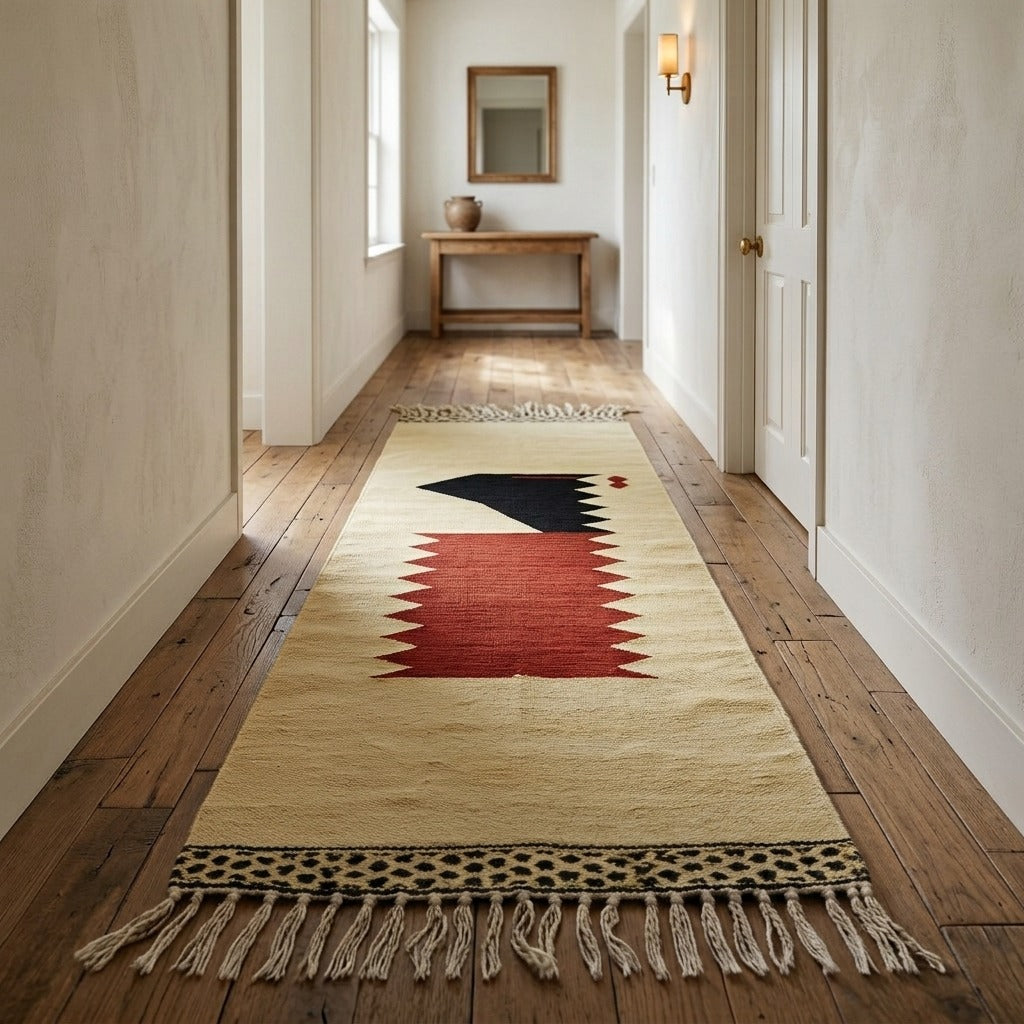 Black and red Moroccan runner rug with geometric Berber design, handmade wool hallway carpet with tribal motifs