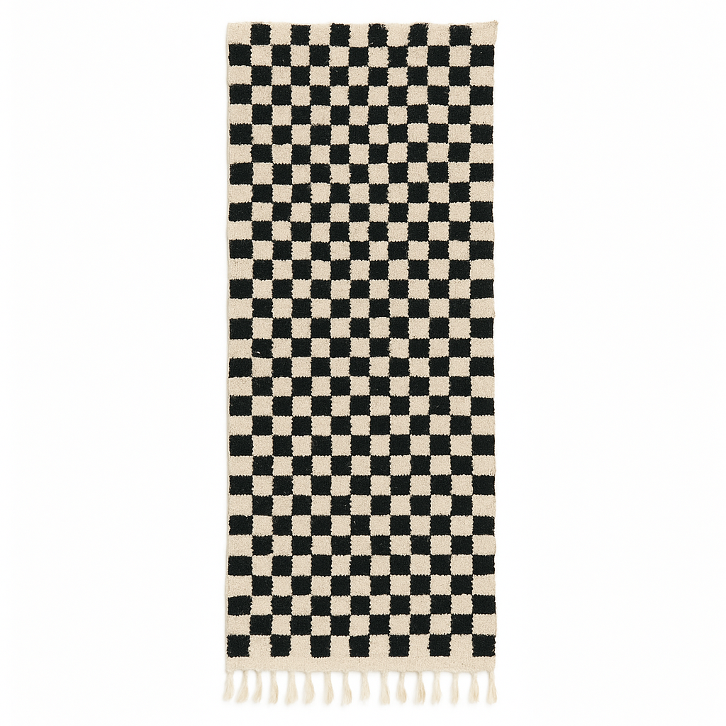 Handmade black and white checkered Moroccan runner rug crafted from natural wool.