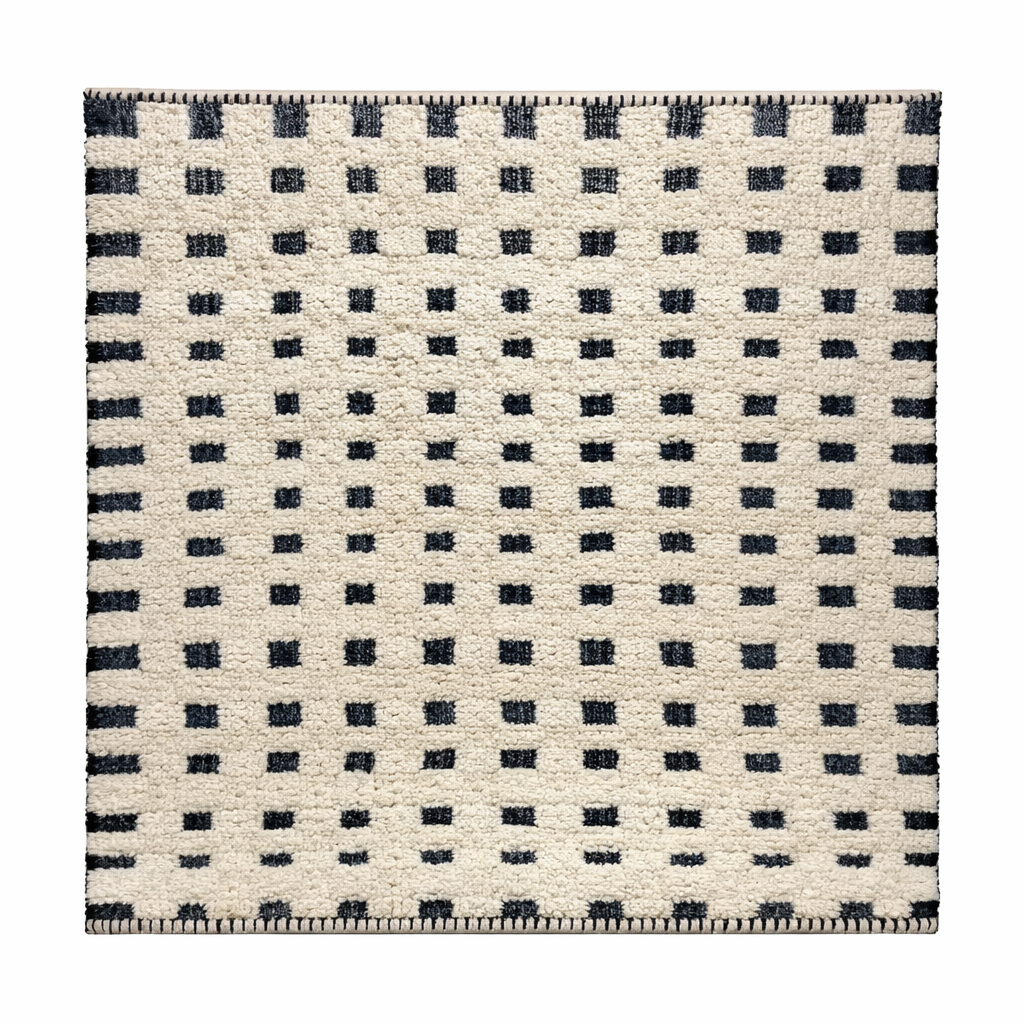 Handmade Moroccan wool rug with ivory base and subtle black square grid. Soft plush texture, minimalist style, artisan crafted.