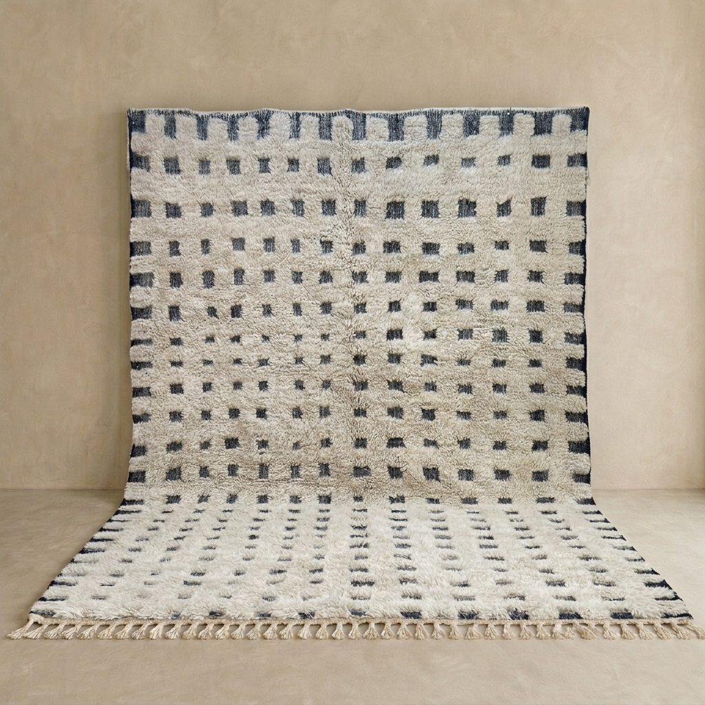 Handmade Moroccan wool rug with ivory base and subtle black square grid. Soft plush texture, minimalist style, artisan crafted.