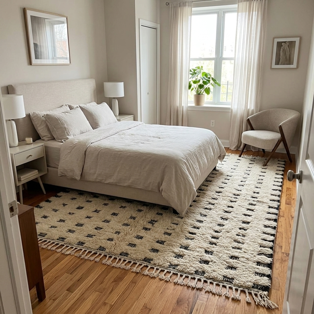 Handmade Moroccan wool rug with ivory base and subtle black square grid. Soft plush texture, minimalist style, artisan crafted.