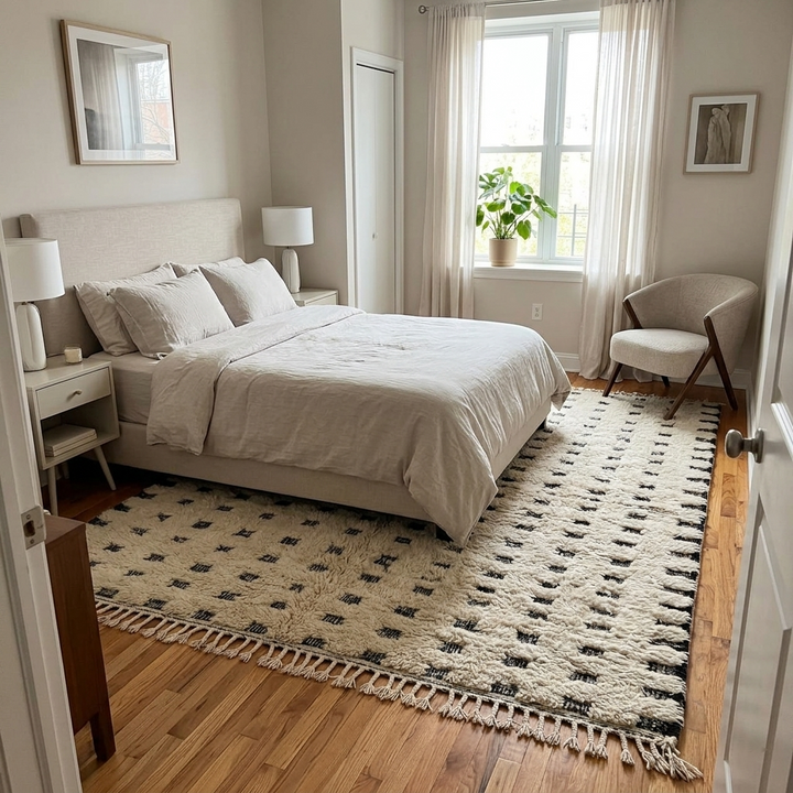 Handmade Moroccan wool rug with ivory base and subtle black square grid. Soft plush texture, minimalist style, artisan crafted.