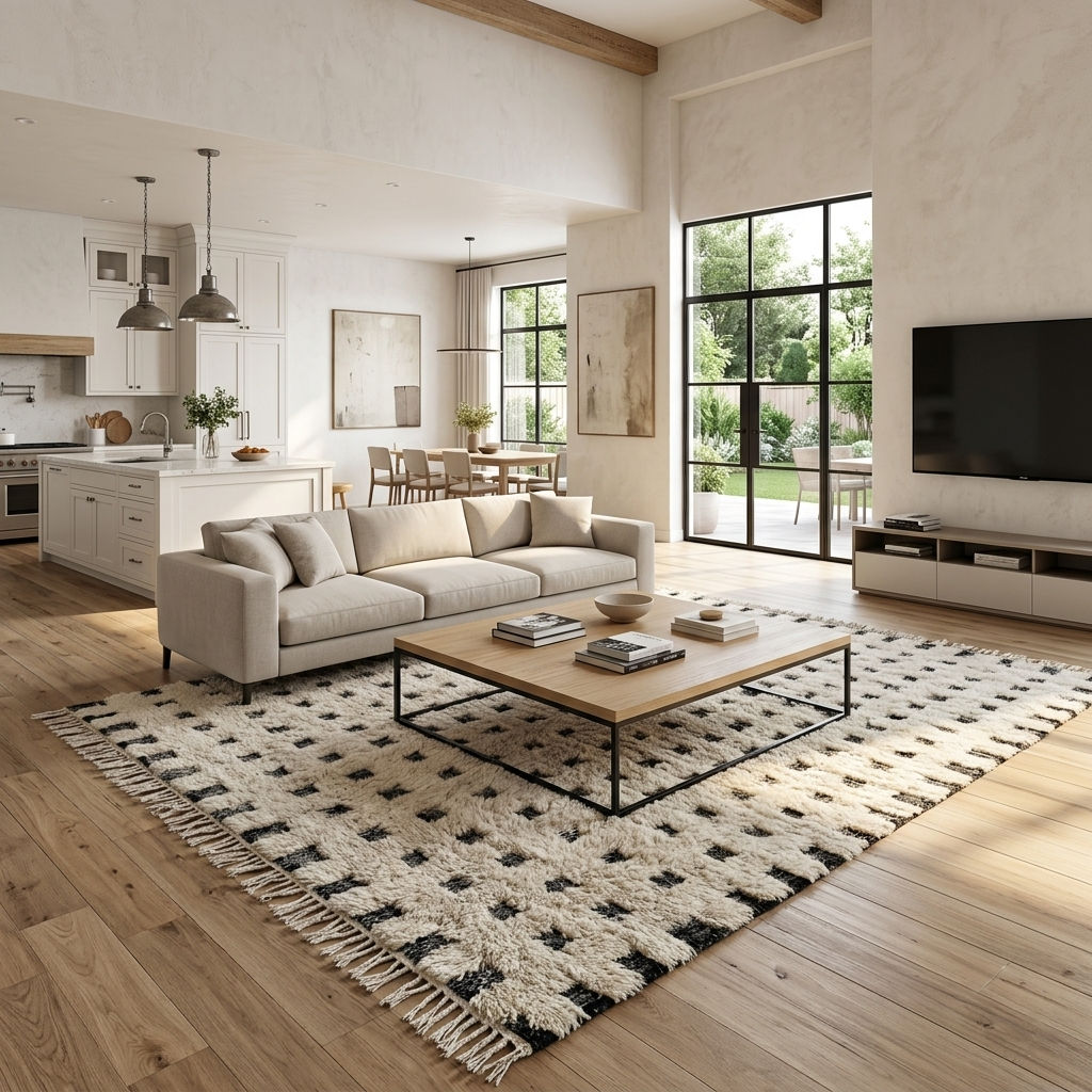 Handmade Moroccan wool rug with ivory base and subtle black square grid. Soft plush texture, minimalist style, artisan crafted.