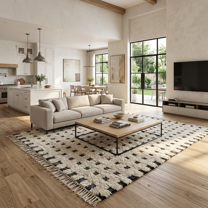 Handmade Moroccan wool rug with ivory base and subtle black square grid. Soft plush texture, minimalist style, artisan crafted.