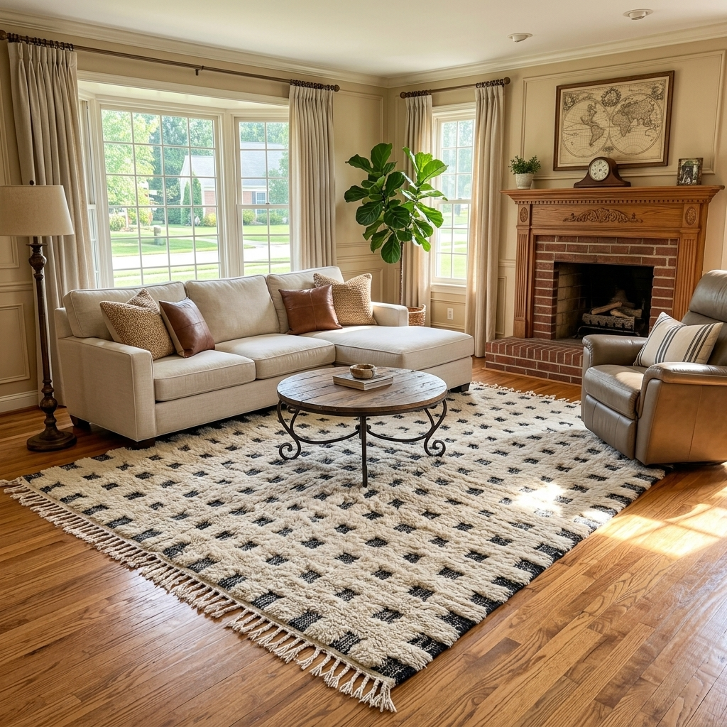 Handmade Moroccan wool rug with ivory base and subtle black square grid. Soft plush texture, minimalist style, artisan crafted.