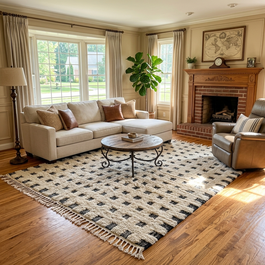 Handmade Moroccan wool rug with ivory base and subtle black square grid. Soft plush texture, minimalist style, artisan crafted.