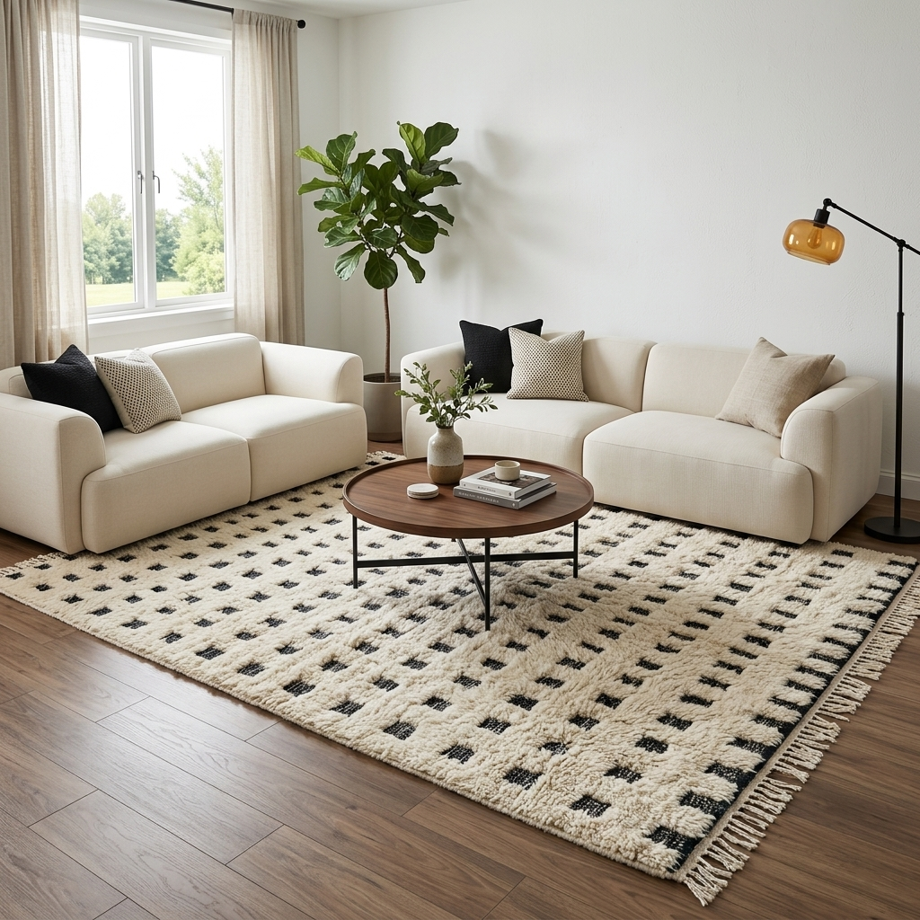 Handmade Moroccan wool rug with ivory base and subtle black square grid. Soft plush texture, minimalist style, artisan crafted.