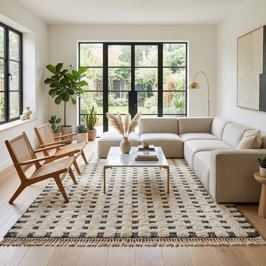 Handmade Moroccan wool rug with ivory base and subtle black square grid. Soft plush texture, minimalist style, artisan crafted.
