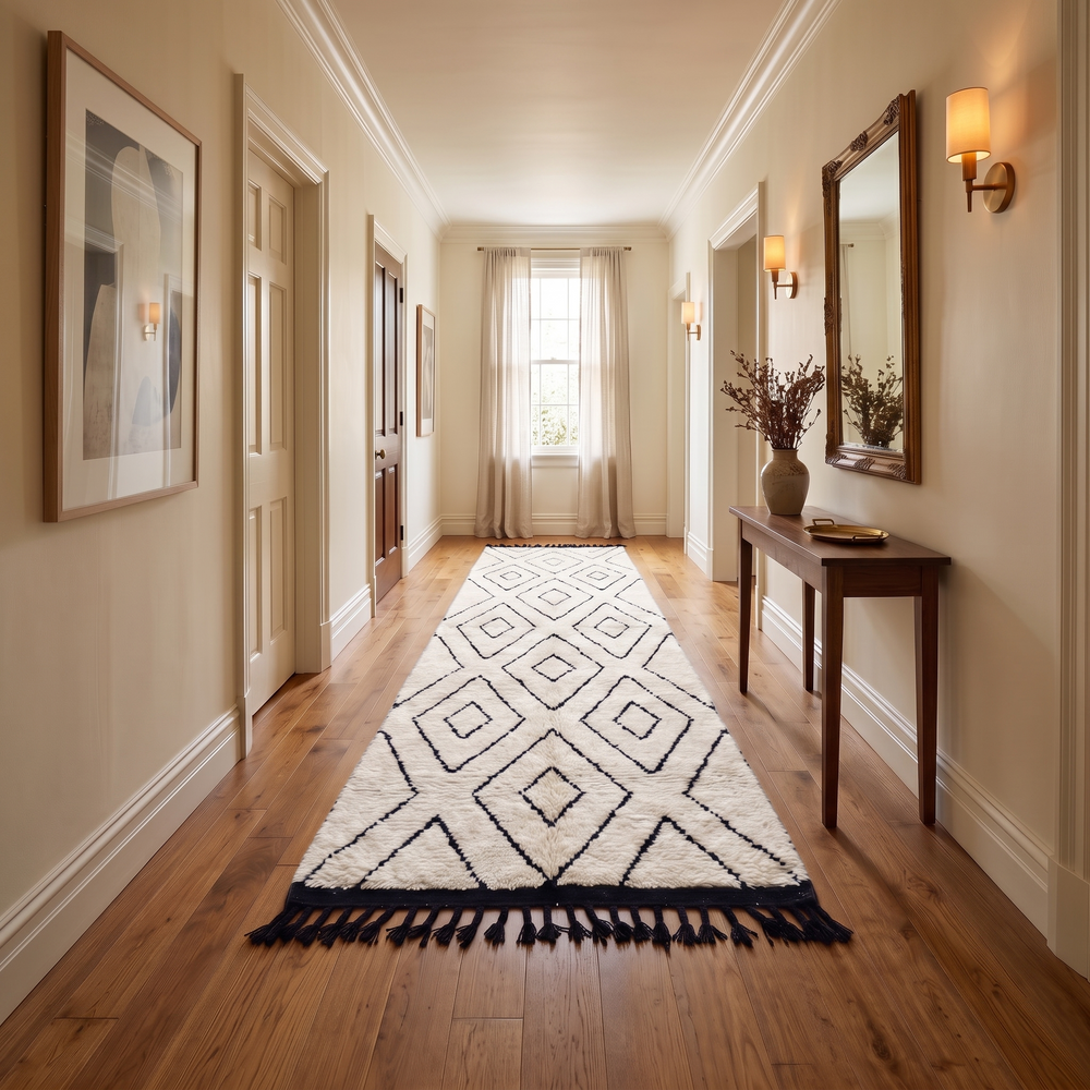 Black and white Moroccan runner rug with diamond geometric pattern made of handmade wool and black fringed ends