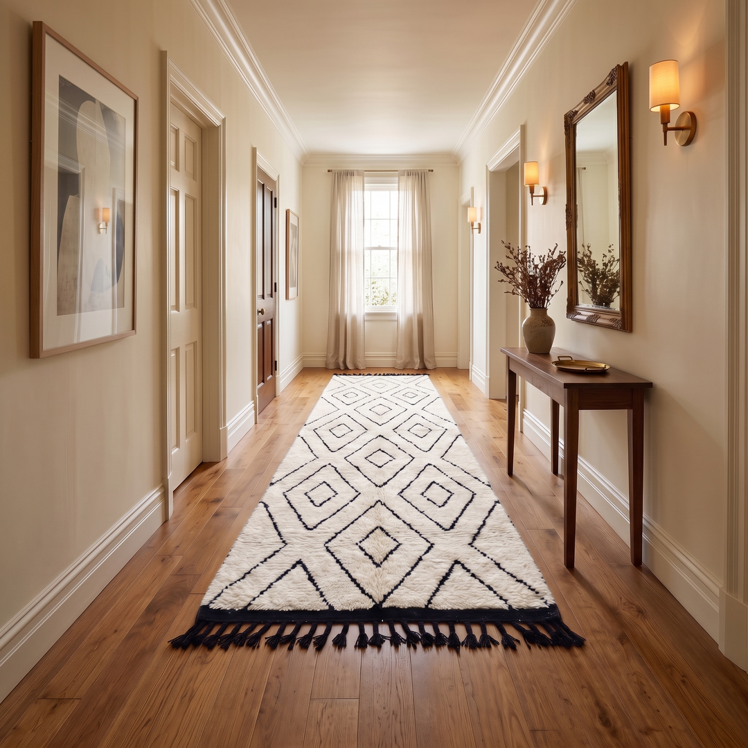 Black and white Moroccan runner rug with diamond geometric pattern made of handmade wool and black fringed ends