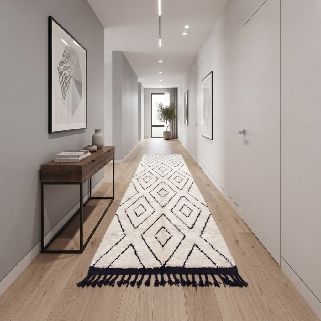Black and white Moroccan runner rug with diamond geometric pattern made of handmade wool and black fringed ends