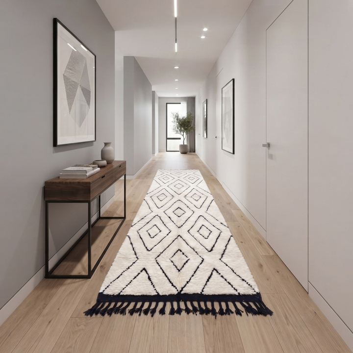 Black and white Moroccan runner rug with diamond geometric pattern made of handmade wool and black fringed ends